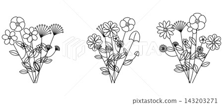 Three simple outline drawings of assorted flowers on white for design elements Three simple outline drawings of assorted flowers on white for design elements 143203271