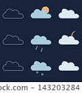Weather icon set featuring clouds with sun moon rain and snow on dark blue background. 143203284