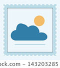 Weather postage stamp featuring blue cloud and golden sun on pastel background for design. 143203285