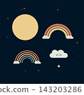 Whimsical night sky illustration with a full moon, two rainbows, and a happy cloud 143203286