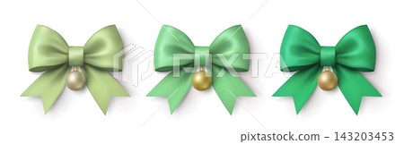 Three green ribbon bows with golden Christmas baubles in light, medium, and dark shades on a white background. Three green ribbon bows with golden Christmas baubles in light, medium, and dark shades on a white background. 143203453