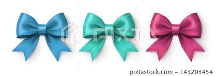 Three glossy satin ribbon bows in blue, teal and pink on a white background. Three glossy satin ribbon bows in blue, teal and pink on a white background. 143203454