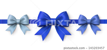 Three blue satin ribbon bows in light and royal blue shades with a ribbon band on a white background. Three blue satin ribbon bows in light and royal blue shades with a ribbon band on a white background. 143203457