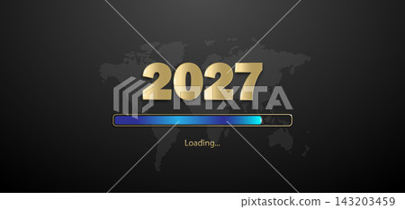 New Year's background with golden inscription 2027 and Loading on a black background with the outline of the earth. Holiday banner. New Year's background with golden inscription 2027 and Loading on a black background with the outline of the earth. Holiday banner. 143203459