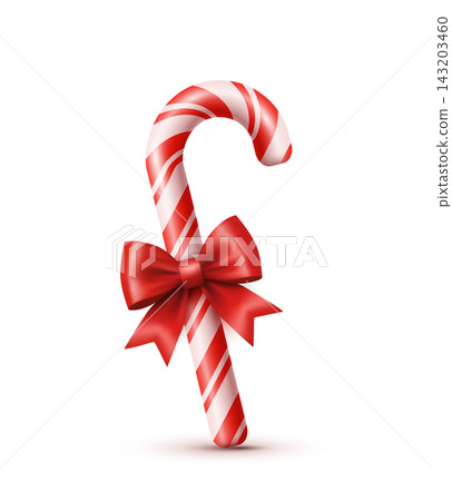 Red striped candy cane with a red satin ribbon bow on a white background. Festive gift candy cane for Christmas cards, holiday banners and holiday drawings. Vector EPS 10.R Red striped candy cane with a red satin ribbon bow on a white background. Festive gift candy cane for Christmas cards, holiday banners and holiday drawings. Vector EPS 10.R 143203460