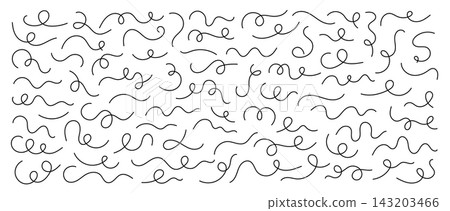 Collection black curly lines, ornamental flourishes and flowing hand drawn swirls isolated on a clean white background. Collection black curly lines, ornamental flourishes and flowing hand drawn swirls isolated on a clean white background. 143203466
