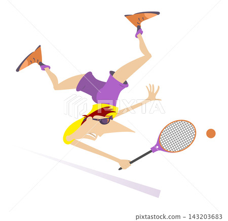 Male person playing tennis. Tennis court. Young man hits the ball while falling. Isolated on white background Male person playing tennis. Tennis court. Young man hits the ball while falling. Isolated on white background 143203683