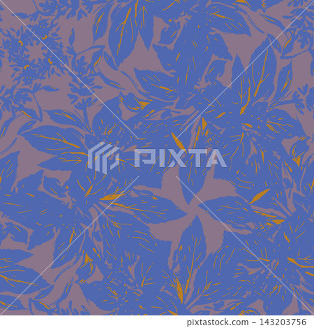 Seamless botanical repeat with oversized abstract blue blossoms, soft mauve background and warm golden brush strokes, creating modern decorative surface for fabric, wallpaper, packaging and home decor 143203756