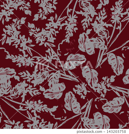 Repeating floral artwork with pale gray blossoms, stems, and leaves flowing across deep burgundy background, creating elegant organic pattern for fabric, wallpaper, wrapping paper, and textile use 143203758