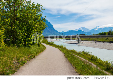 View of the river Rhine between Liechtenstein and Switzerland View of the river Rhine between Liechtenstein and Switzerland 143204140