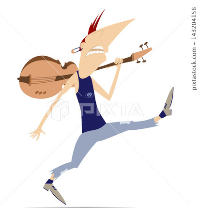 Cartoon walking guitar player. Funny guitarist walking with a guitar on a shoulder Cartoon walking guitar player. Funny guitarist walking with a guitar on a shoulder 143204158