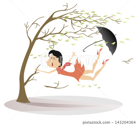 Strong wind, umbrella and woman snatches up a tree illustration. Strong wind, flying leaves and a woman lost umbrella trying to keep his life snatching a tree isolated on white illustration Strong wind, umbrella and woman snatches up a tree illustration. Strong wind, flying leaves and a woman lost umbrella trying to keep his life snatching a tree isolated on white illustration 143204364