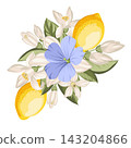 Lemon botanical composition with citrus fruits,blue linen flowers and green leaves. Hand drawn vector illustration isolated on white background. 143204866