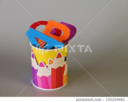 Colorful Felt Alphabet Cutouts in Pencil-Illustrated Cup for Early Learning Colorful Felt Alphabet Cutouts in Pencil-Illustrated Cup for Early Learning 143204981