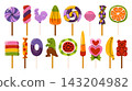 Cartoon vector illustrations of assorted lollipops and candy treats. Round swirls, fruit and caramel lollipops, gummy and marmalade candy, striped sweets, various types and fruits shapes of ice cream. 143204982