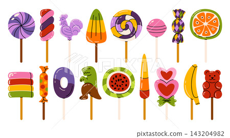 Cartoon vector illustrations of assorted lollipops and candy treats. Round swirls, fruit and caramel lollipops, gummy and marmalade candy, striped sweets, various types and fruits shapes of ice cream. Cartoon vector illustrations of assorted lollipops and candy treats. Round swirls, fruit and caramel lollipops, gummy and marmalade candy, striped sweets, various types and fruits shapes of ice cream. 143204982