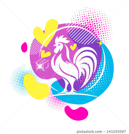 Abstract bright rooster logo. Hand drawn. Not AI, vector illustration. Abstract bright rooster logo. Hand drawn. Not AI, vector illustration. 143205097