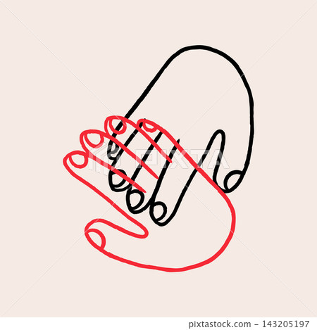 Minimalist doodle of two overlapping hands. Human connection, support and community whimsical hand Minimalist doodle of two overlapping hands. Human connection, support and community whimsical hand 143205197