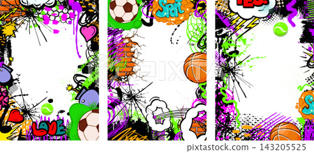 Grunge vibrant colorful frame templates featuring doodles, spray paint, and ink drops. A set of graffiti art backgrounds with abstract street art elements. Hand drawn. Not AI, vector illustration. 143205525