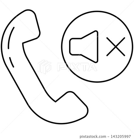 Line art style icon illustration of a telephone handset with mute speaker symbol isolated on transparent background. Minimalist thin line design element clip art for silent call. Line art style icon illustration of a telephone handset with mute speaker symbol isolated on transparent background. Minimalist thin line design element clip art for silent call. 143205997