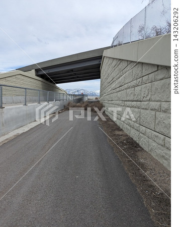 Tumbleweeds piled up on a path under a highway overpass in Utah, USA Tumbleweeds piled up on a path under a highway overpass in Utah, USA 143206292