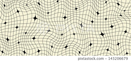 Y2k trippy sparkle wireframe background. Distorted grid mesh pattern with stars. Monochrome groovy twinkle and checkered wallpaper. Vector geometric nostalgic aesthetic checkerboard tile texture Y2k trippy sparkle wireframe background. Distorted grid mesh pattern with stars. Monochrome groovy twinkle and checkered wallpaper. Vector geometric nostalgic aesthetic checkerboard tile texture 143206679