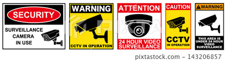 Security camera in operation vector sticker set for surveillance cameras, warning signs, and security signs. Security camera in operation vector sticker set for surveillance cameras, warning signs, and security signs. 143206857