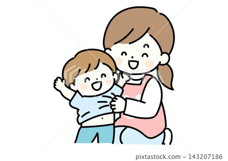 Illustration of a nursery school teacher smilingly helping children get dressed | Nursery school/kindergarten scene showing support for children getting ready Illustration of a nursery school teacher smilingly helping children get dressed | Nursery school/kindergarten scene showing support for children getting ready 143207186