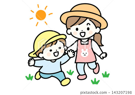 Illustration of a smiling nursery school teacher enjoying outdoor play with the children | Outdoor play scene at a nursery school or kindergarten Illustration of a smiling nursery school teacher enjoying outdoor play with the children | Outdoor play scene at a nursery school or kindergarten 143207198