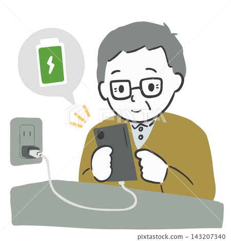 An illustration of a senior man charging his smartphone from an electrical outlet. An illustration of a senior man charging his smartphone from an electrical outlet. 143207340