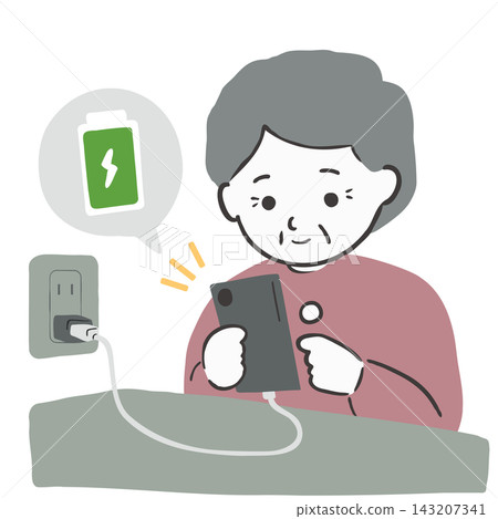 一位老年婦女正在用電源插座為智慧型手機充電的插圖。 143207341