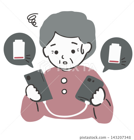 一位老年婦女因智慧型手機電量耗盡而苦惱。 143207348