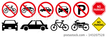 向量圖集,包含「禁止停車」和「禁止自行車停車」警告標誌、車輛圖示和貼紙。 向量圖集,包含「禁止停車」和「禁止自行車停車」警告標誌、車輛圖示和貼紙。 143207528