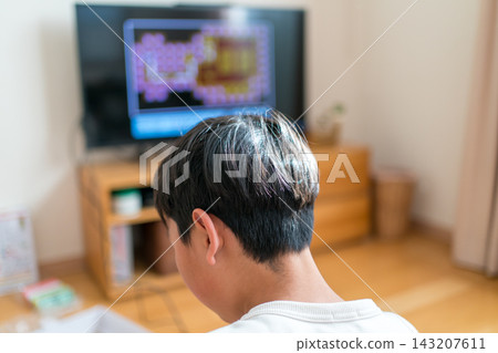 男孩玩電子遊戲的背影。 143207611