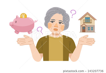 一幅老婦人思考生活成本的插圖。 一幅老婦人思考生活成本的插圖。 143207736