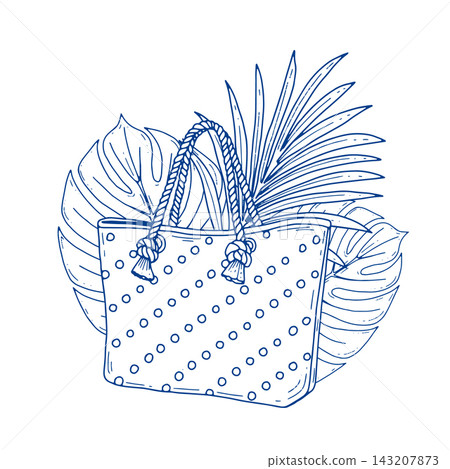 Polka Dot Beach Tote Bag with Tropical Leaves 143207873