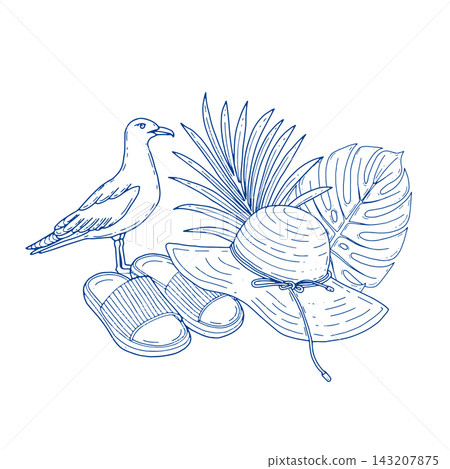 Seagull with Sun Hat, Sandals and Tropical Foliage 143207875