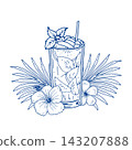 Tropical Drink with Hibiscus and Palm Leaves 143207888
