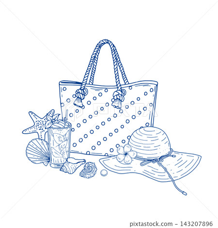 Beach Vacation Accessories Blue Line Art Beach Vacation Accessories Blue Line Art 143207896