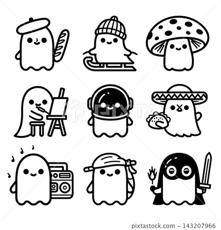 Cute happy ghost lineart coloring set isolated layered outline Cute happy ghost lineart coloring set isolated layered outline 143207966