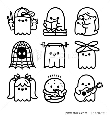 Cute happy ghost outline lineart layered isolated coloring separated art 143207968