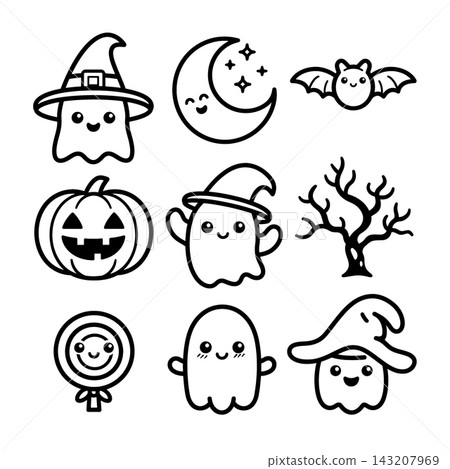 Cute happy halloween coloring isolated lineart set with cute ghost outline Cute happy halloween coloring isolated lineart set with cute ghost outline 143207969