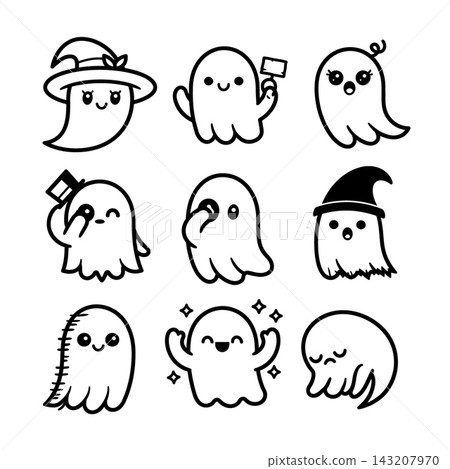 Cute isolated ghost lineart outline for Halloween coloring with happy expression 143207970