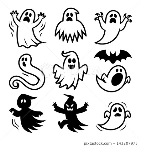 Ghost spook halloween lineart outline coloring page isolated separated layered scary expression Ghost spook halloween lineart outline coloring page isolated separated layered scary expression 143207973