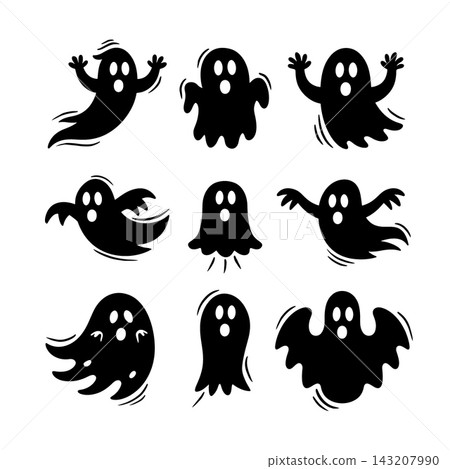 Scary ghost silhouette coloring lineart isolated separated layered outline set 143207990
