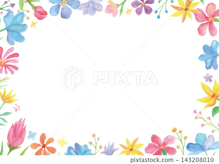 A frame surrounded by watercolor-painted flowers and small blossoms in various colors. A frame surrounded by watercolor-painted flowers and small blossoms in various colors. 143208010