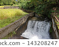 Agricultural irrigation canals and concrete weirs flowing through rice paddies where rice stalks are ripening. 143208247