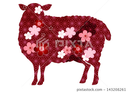 A silhouette of a sheep with a Japanese pattern and beautiful cherry blossoms A silhouette of a sheep with a Japanese pattern and beautiful cherry blossoms 143208261