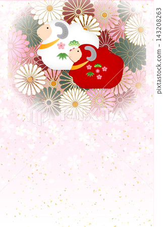 A Japanese-style design featuring red and white sheep figurines and chrysanthemum flowers. A Japanese-style design featuring red and white sheep figurines and chrysanthemum flowers. 143208263