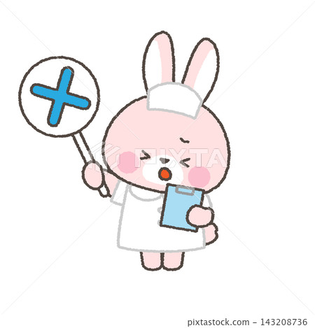 A pink rabbit nurse holding an X-marked tag A pink rabbit nurse holding an X-marked tag 143208736